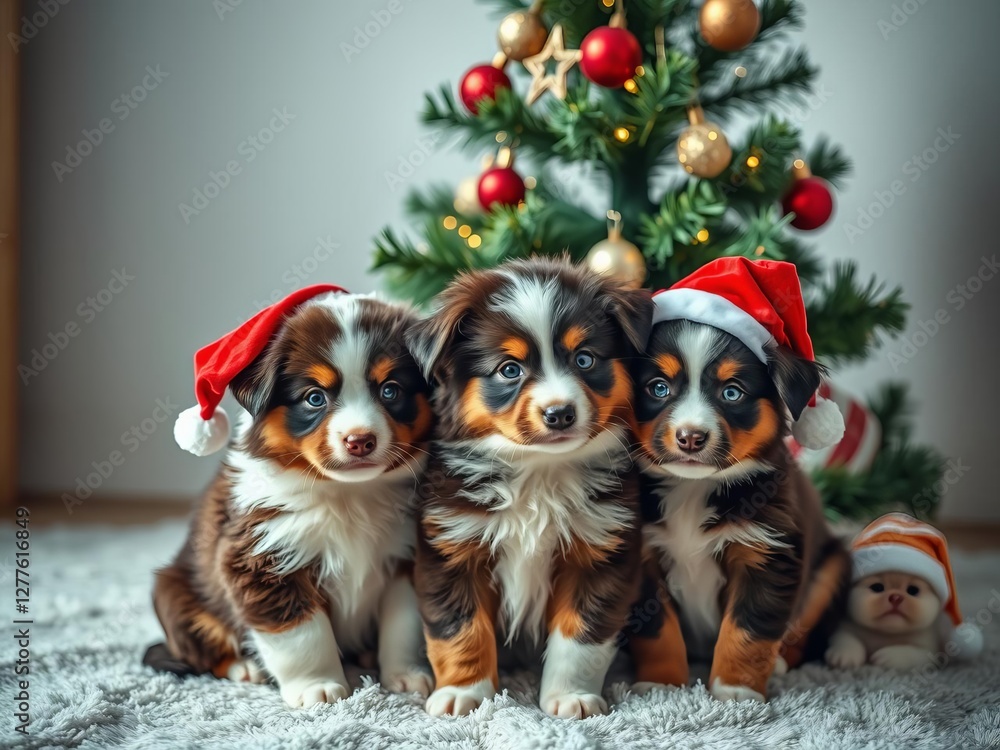 Baby kitten cuddled between sleepy Australian shepherd puppies wearing red Santa hats with a Christmas tree in the background, fluffy, Christmas tree, pets Baby kitten cuddled between sleepy Australian shepherd puppies wearing red Santa hats with a Christmas tree in the background, fluffy, Christmas tree, pets