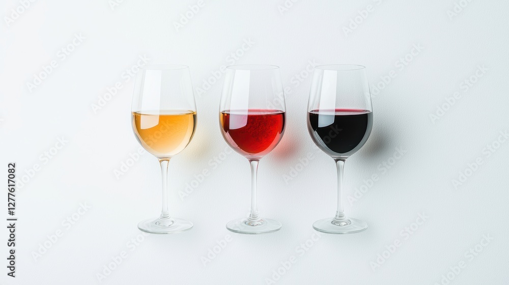 Three Glasses of Wine Displaying White, Rosé, and Red Varieties on a Minimalist Background Three Glasses of Wine Displaying White, Rosé, and Red Varieties on a Minimalist Background