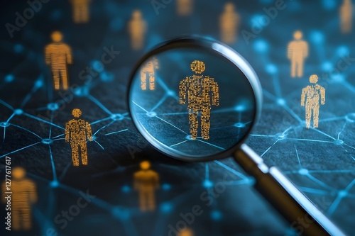 Illustration emphasizing individuality and selection in a group through a magnifying lens highlighting one figure.