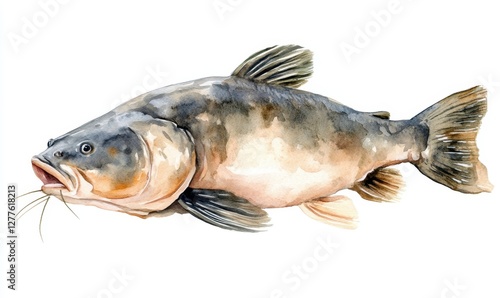 Realistic watercolor illustration of a catfish swimming gracefully in a serene aquatic environment