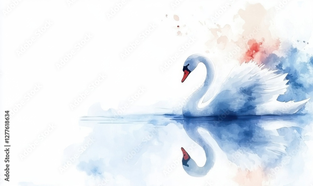 Fototapeta premium Serene white swan gliding on a tranquil lake, surrounded by soft watercolor splashes in the background