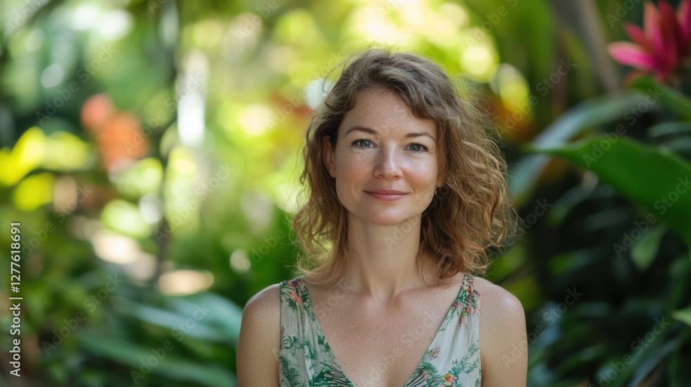 Portrait of a confident woman in a lush green garden setting. Portrait of a confident woman in a lush green garden setting.