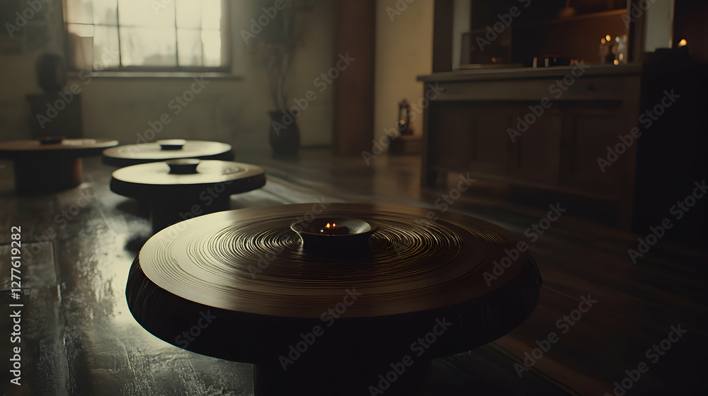 Fototapeta premium Serene minimalist interior with low circular wooden tables, a lit candle, and a blurred background featuring a rustic wooden cabinet and large window. Evokes calmness and tranquility.