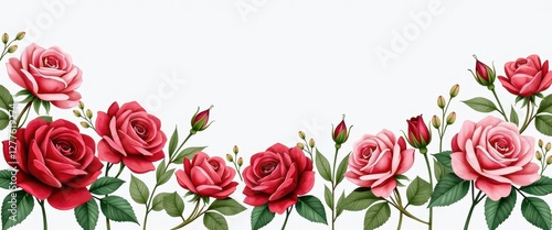 Watercolor Red and Pink Roses Border on White Background