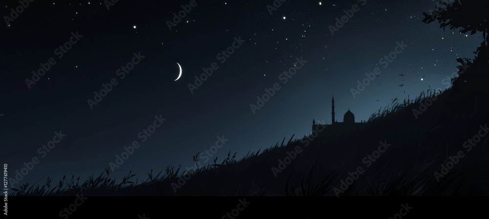 Naklejka premium Moonlit Mosque Silhouette in a Starry Night