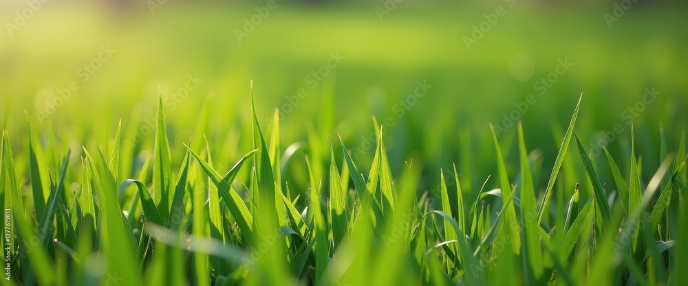 Obraz premium Vibrant Green Grass Field with Sunlight and Bokeh Background