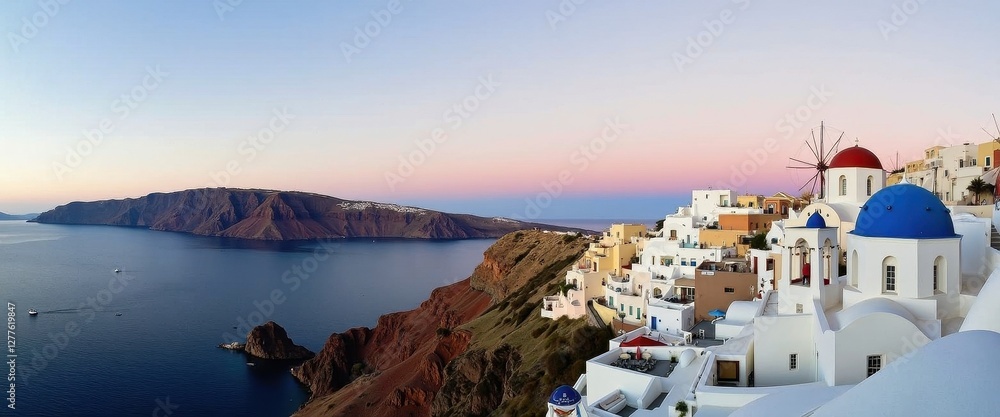 Naklejka premium Picture Perfect Elevation: Santorini's Oia Cliffs, Aegean Waters, and Colorful Sunset View. A picturesque view of a coastal town at sunset.