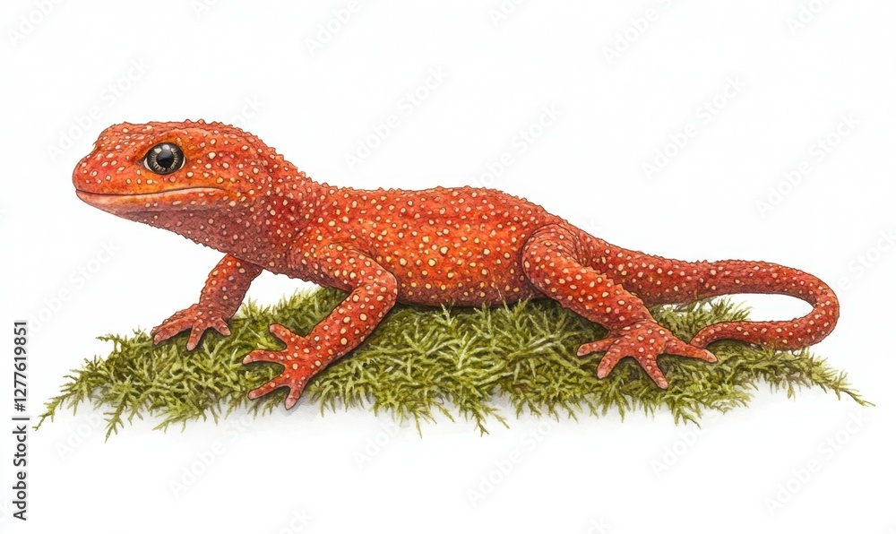 Naklejka premium Vibrant orange salamander resting on green moss in a serene natural environment