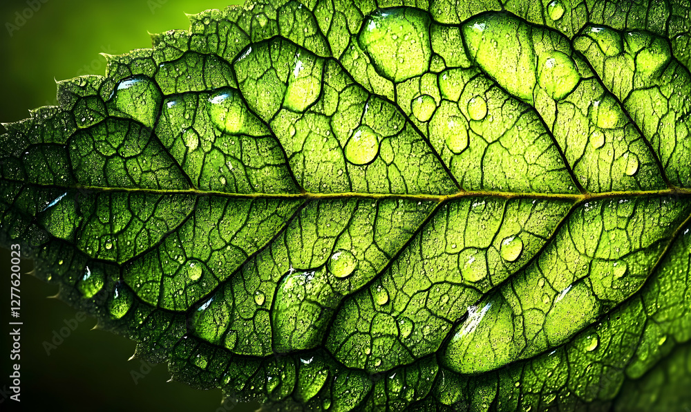 Fototapeta premium Macro shot of a vibrant green leaf glistening with morning dew, showcasing intricate vein patterns and water droplets.