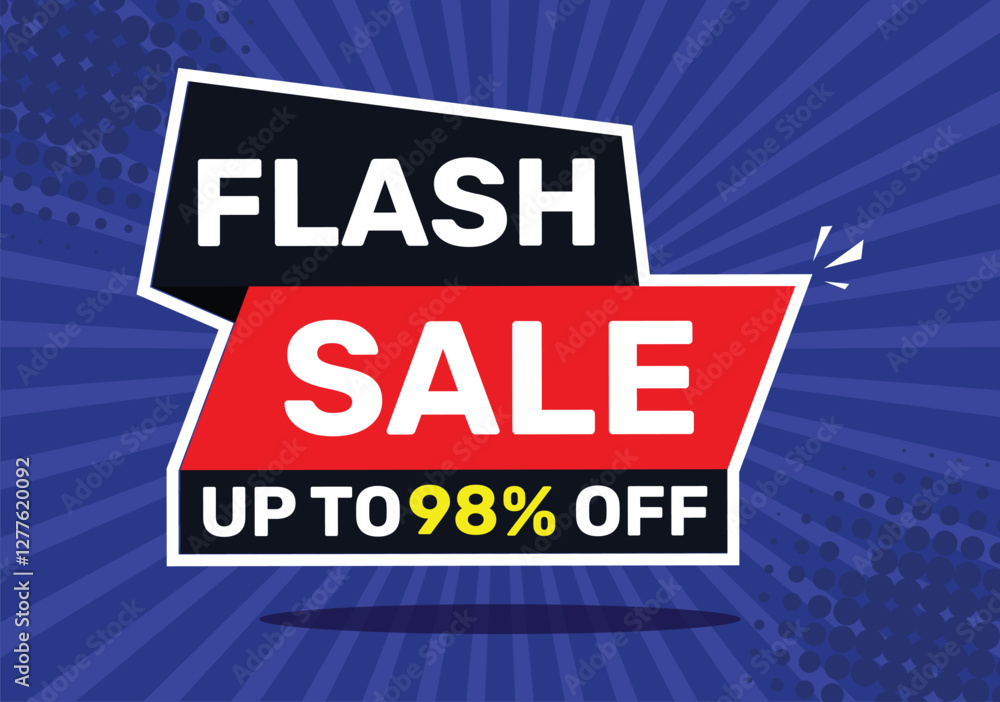Obraz premium Flash sale up to 98 % off. On blue background with radial rays and blue background.