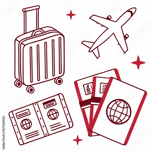 Minimalist Travel Icons – Suitcase, Passport, and Airplane Illustration