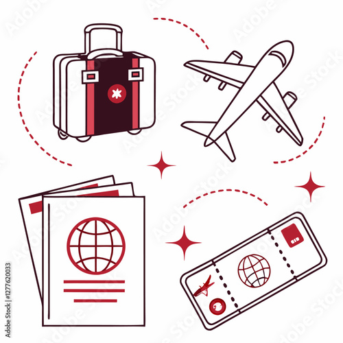 Minimalist Travel Icons – Suitcase, Passport, and Airplane Illustration