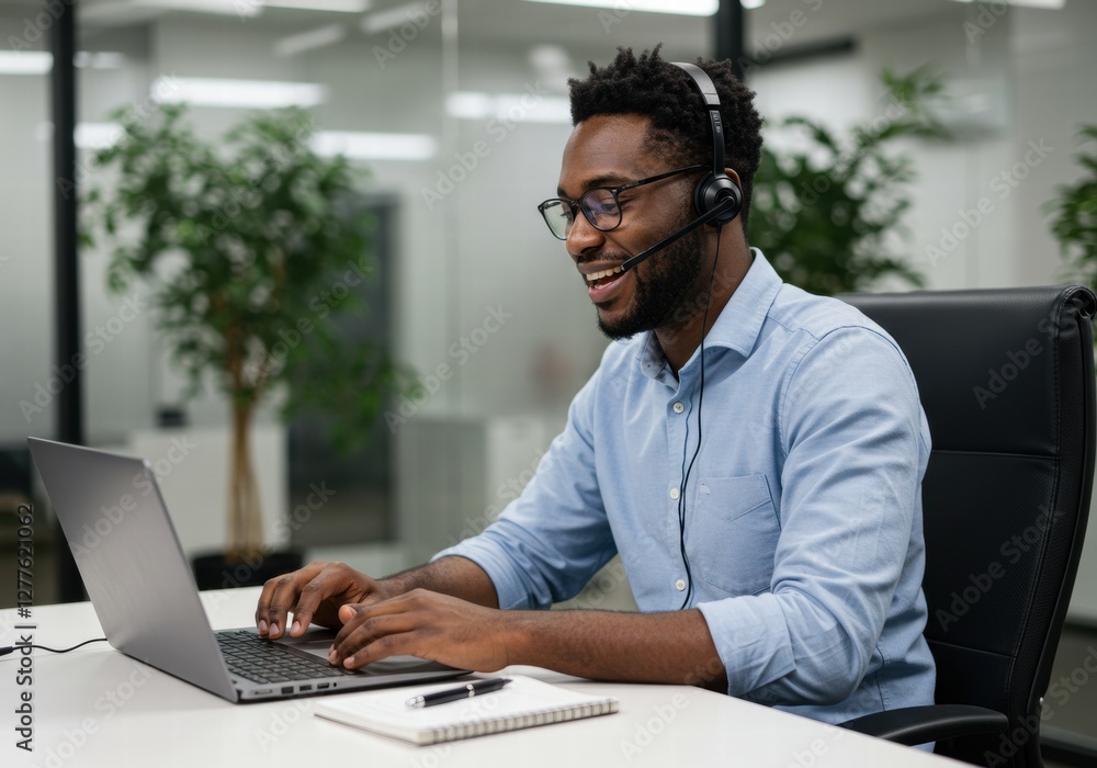 Obraz premium A young African American man working happily in his office