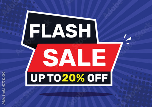 Flash sale up to 20 % off. On blue background with radial rays and blue background.