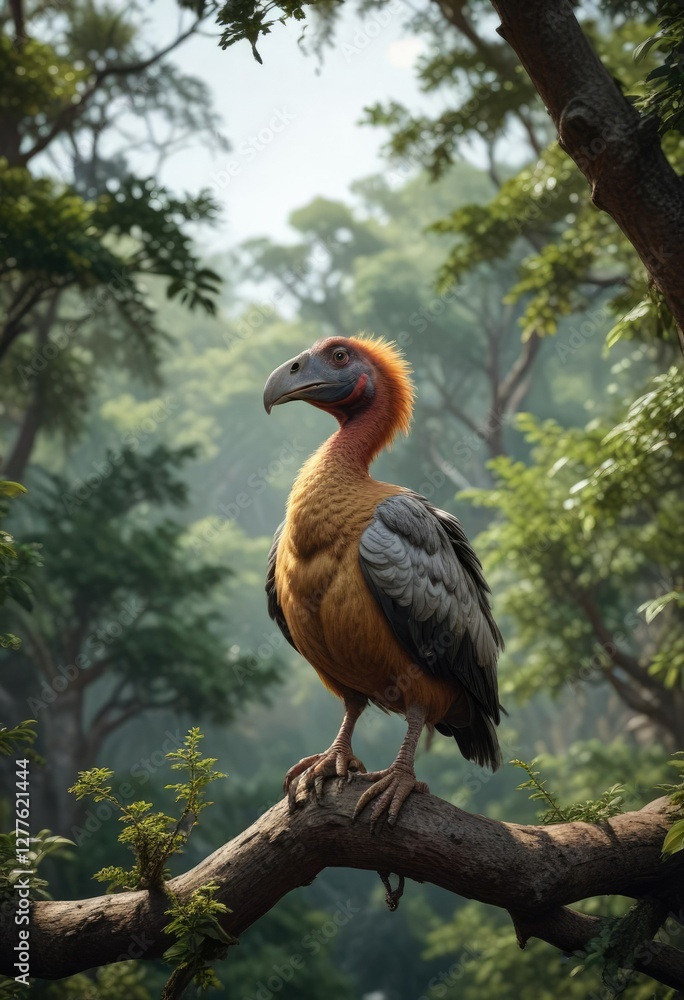 Obraz premium A lone dodo perched on a branch in the treetops, , perch, leaves