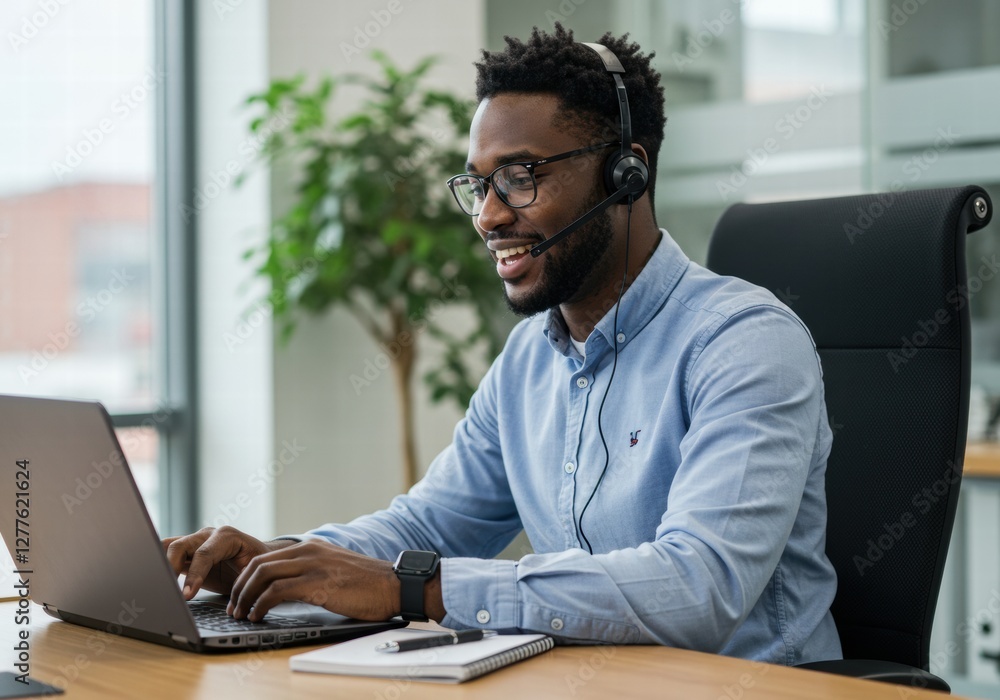 A young African American man working happily in his office A young African American man working happily in his office