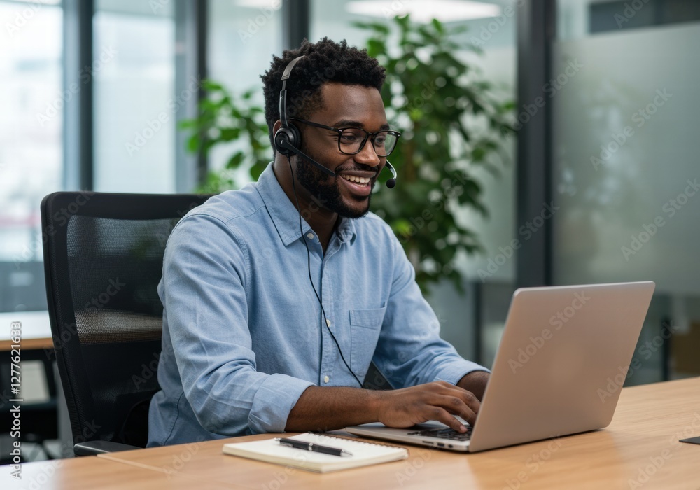 A young African American man working happily in his office A young African American man working happily in his office