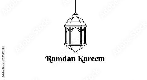 Ramadan Lantern: Simple yet elegant line art illustration of a traditional lantern with "Ramadan Kareem" text, capturing the spirit of the holy month.