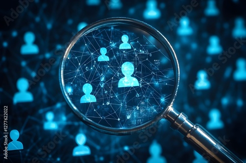Blue-toned digital illustration of a magnifying glass emphasizing a user icon among others, symbolizing digital search, security, identity verification, and technology in data management.