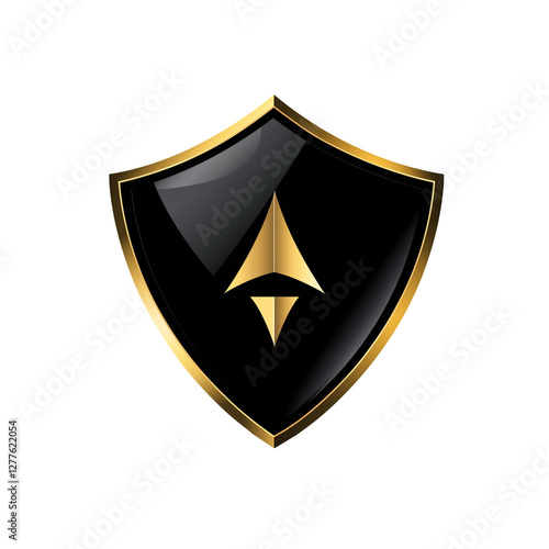 black shield emblem with gold boarder with star isolated on transparent white background, png. 