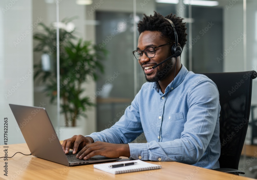 A young African American man working happily in his office A young African American man working happily in his office