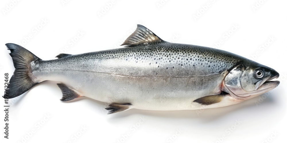 A lone salmon lies isolated on a pristine white background, its scales glistening in the faint light as it slowly dries after a long swim, water, marine biology, wildlife, sea creature A lone salmon lies isolated on a pristine white background, its scales glistening in the faint light as it slowly dries after a long swim, water, marine biology, wildlife, sea creature