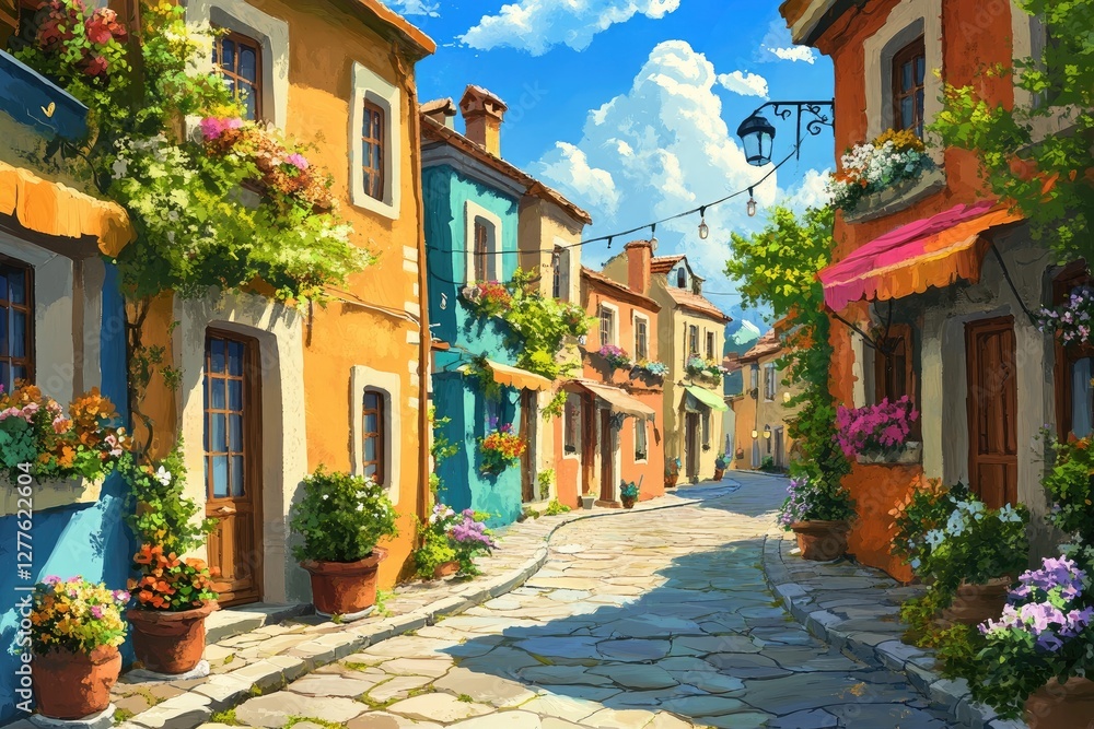 Sunny Italian town street scene, flowers, colorful buildings, peaceful Sunny Italian town street scene, flowers, colorful buildings, peaceful
