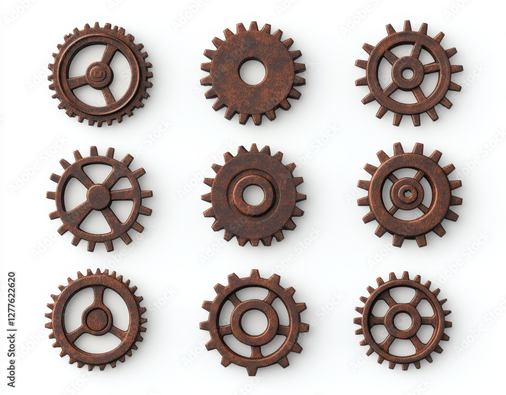 3D rendering of various gears in grid layout on white background, showcasing intricate designs and textures. Perfect for mechanical or industrial themes 3D rendering of various gears in grid layout on white background, showcasing intricate designs and textures. Perfect for mechanical or industrial themes