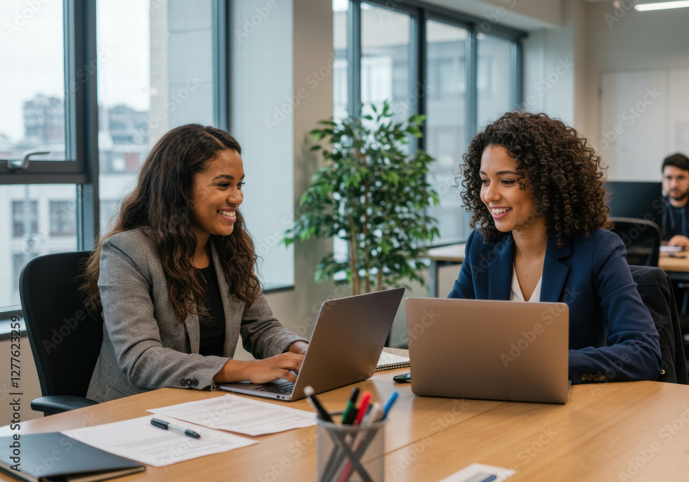 Photo of a pair of employees working together on office work Photo of a pair of employees working together on office work