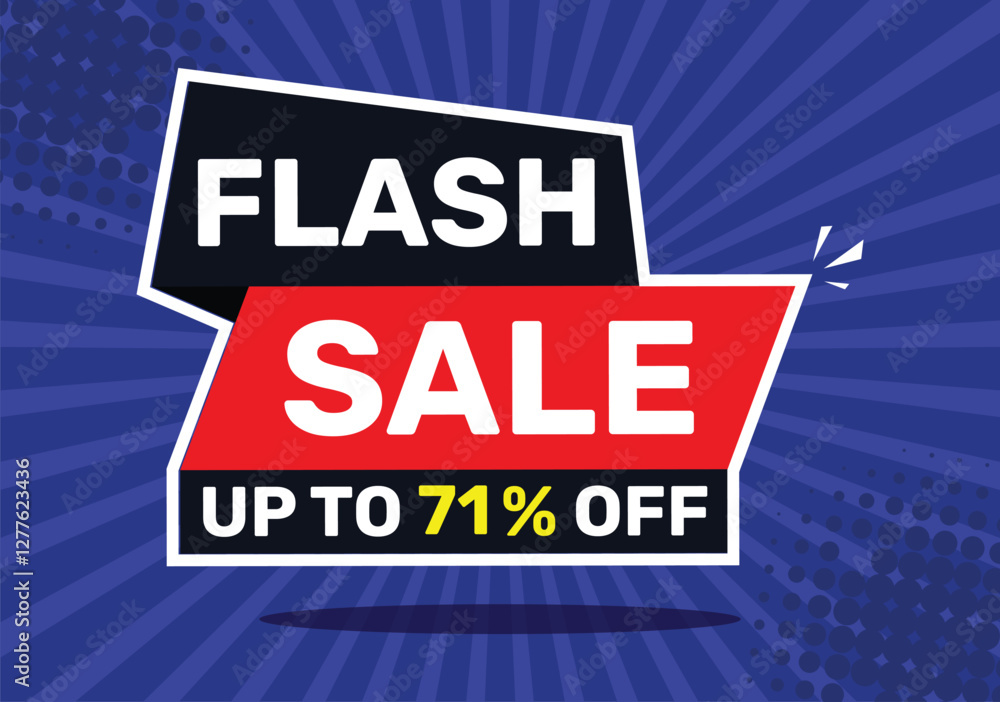 Fototapeta premium Flash sale up to 71 % off. On blue background with radial rays and blue background.
