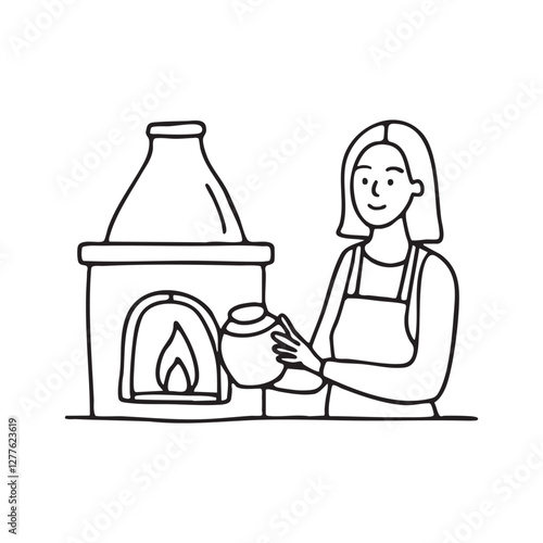 kiln glowing as a potter carefully places a ceramic vase inside