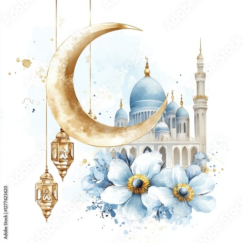 Watercolor Painting of Mosque with Crescent Moon and Flowers
