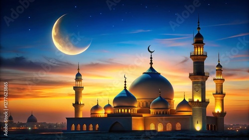 Wallpaper Mural silhouette of an iconic mosque stands with a crescent moon of deep blues and golden hues, mosque at sunset Torontodigital.ca