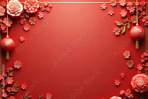 red floral frame for Christmas and new year background, 300dpi, 3d illustration