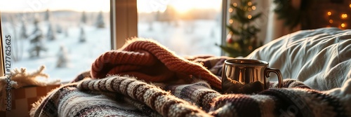 Wallpaper Mural Cozy winter composition with hot drink, blanket, snowy landscape, home decor, Christmas, New Year's Eve, home decor, blanket, snowy landscape Torontodigital.ca