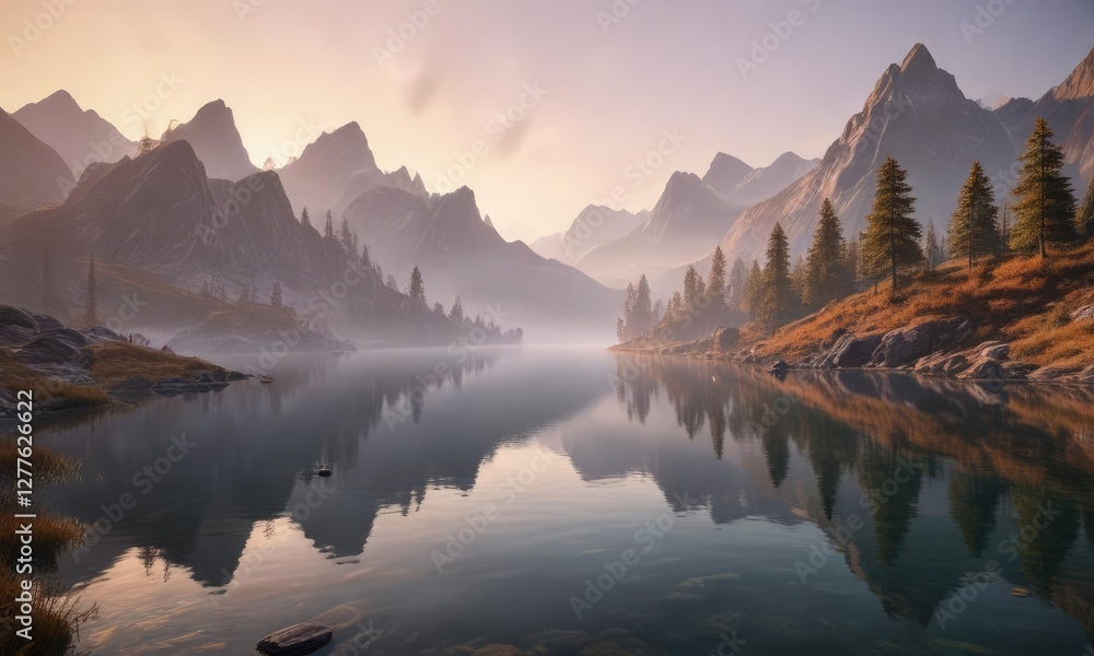 A misty mountain lake with a subtle sunrise glow, morning dawn, peaceful environment, natural scenery A misty mountain lake with a subtle sunrise glow, morning dawn, peaceful environment, natural scenery