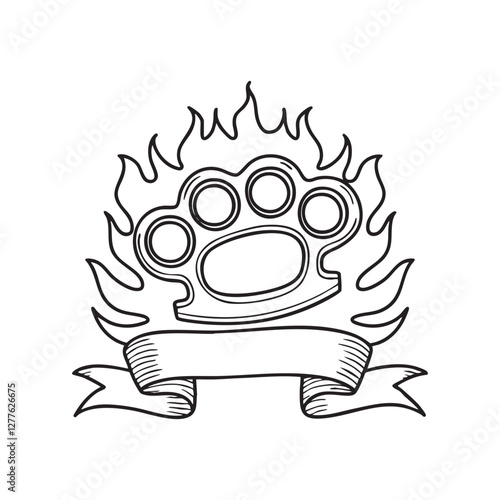 brass knuckle wrapped with a flowing ribbon and surrounded by flickering flames