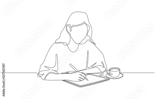 Continuous one line drawing of Female digital artist working with digital tablet at coffee shop, freelance career, working outside home concept, single line art