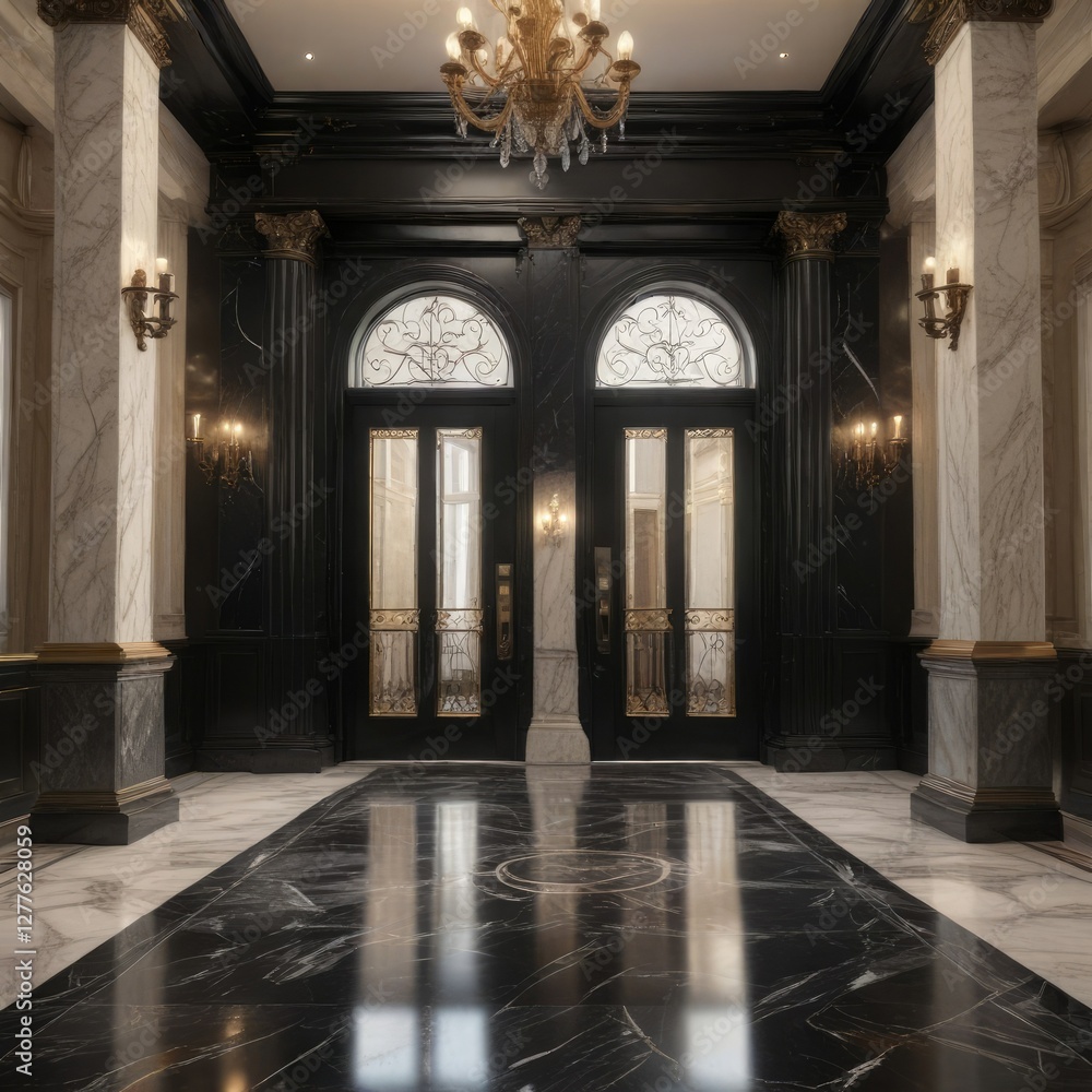 A pair of glossy black onyx columns framing the entrance to a luxurious mansion's opulent hallway adorned with marble accents, onyx, entrance, mansion A pair of glossy black onyx columns framing the entrance to a luxurious mansion's opulent hallway adorned with marble accents, onyx, entrance, mansion