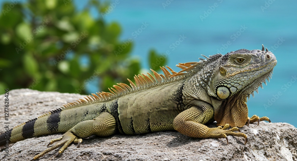 A green iguana basks on a sunlit rock near turquoise waters, showcasing its spiky crest, textured scales, and powerful claws in a tropical setting. A green iguana basks on a sunlit rock near turquoise waters, showcasing its spiky crest, textured scales, and powerful claws in a tropical setting.