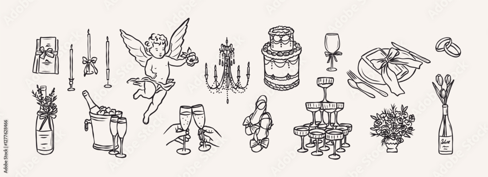 Naklejka premium Hand drawn whimsical wedding clipart