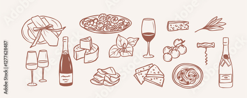 Hand drawn doodle pasta and wine illustration