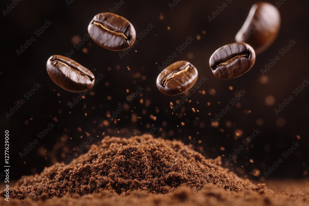 close up shot of roasted coffee beans falling onto ground coffee, creating rich and aromatic scene. dark background enhances texture and color of coffee close up shot of roasted coffee beans falling onto ground coffee, creating rich and aromatic scene. dark background enhances texture and color of coffee