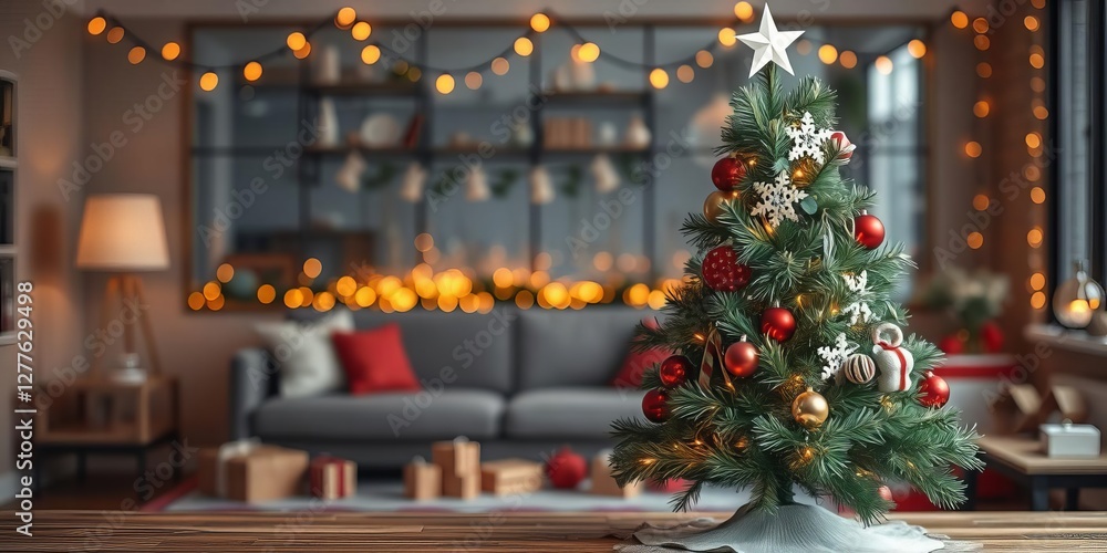 Empty wooden table with warm living room decor, Christmas tree string lights, snow holiday backdrop, mock up banner, Christmas tree, mock up banner, backdrop Empty wooden table with warm living room decor, Christmas tree string lights, snow holiday backdrop, mock up banner, Christmas tree, mock up banner, backdrop