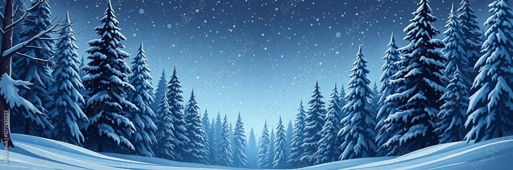 Obraz premium Festive Christmas trees in snowy forest at magical night, winter wonderland illustration, digital, winter wonderland, illustration