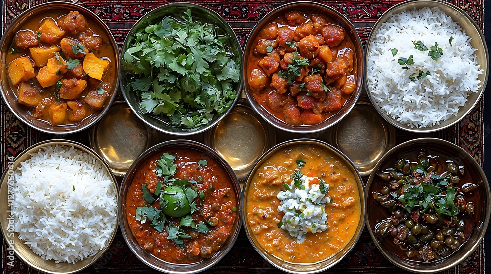 Delicious indian feast with diverse curries and rice home kitchen food photography warm atmosphere aesthetic presentation Delicious indian feast with diverse curries and rice home kitchen food photography warm atmosphere aesthetic presentation