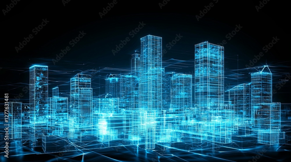 Fototapeta premium A neon-filled futuristic skyline where hovering buildings form a technological wonderland, with copy space.