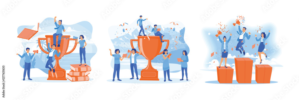 Fototapeta premium Business teams celebrate business success with confetti, trophies and awards.
