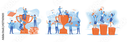 Business teams celebrate business success with confetti, trophies and awards.