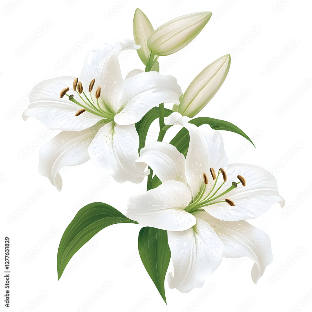 Fototapeta premium White Easter lily flowers with green leaves and buds